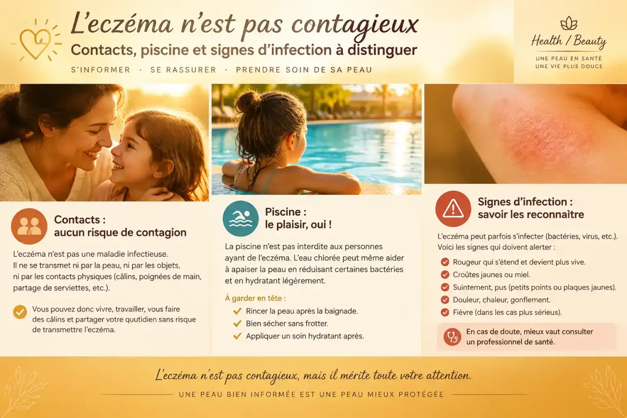 L’eczéma n’est pas contagieux : contacts, piscine et signes d’infection à distinguer