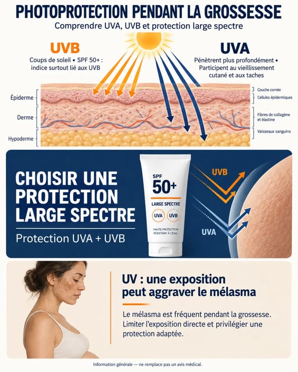 Crème solaire femme enceinte : schéma des UVA, UVB, SPF 50+ et mélasma