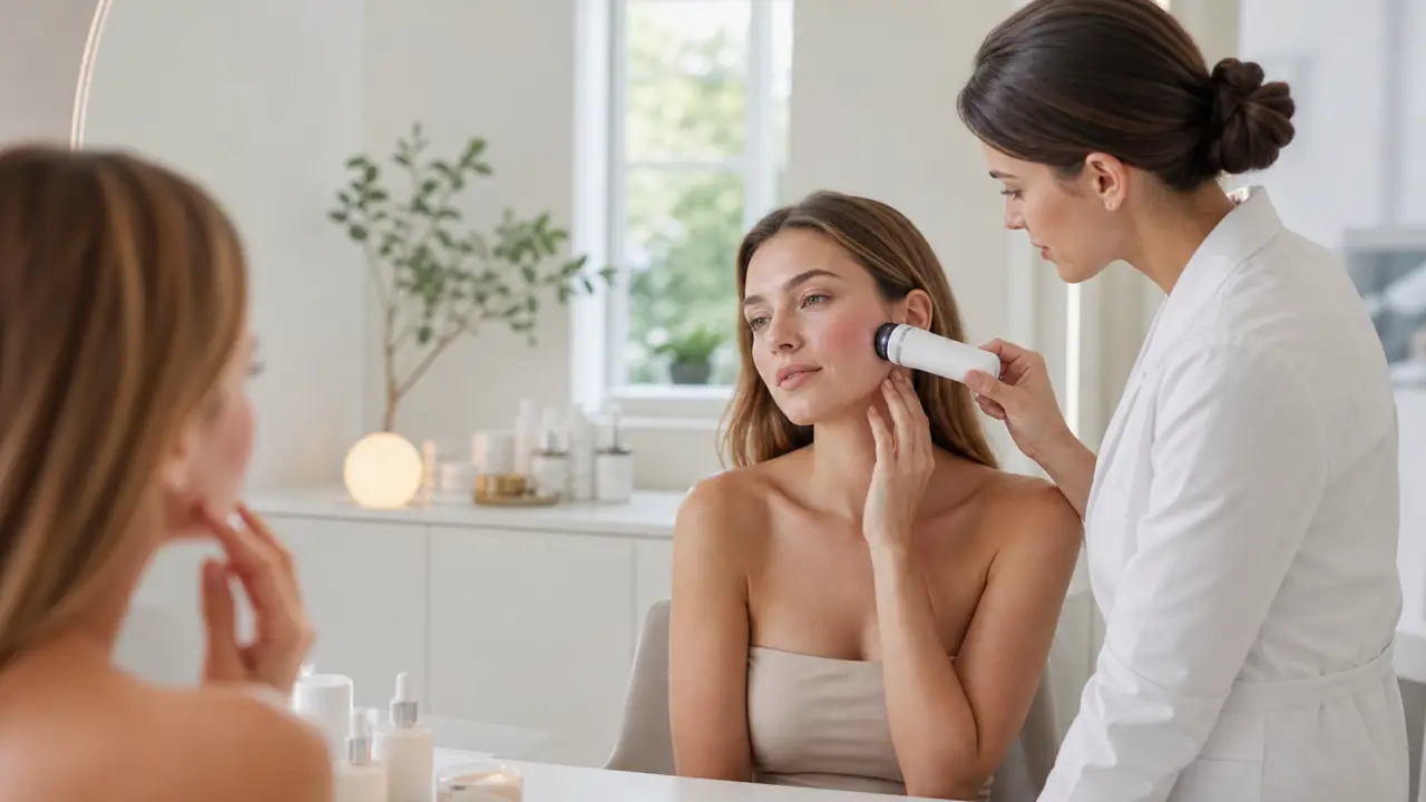 Femme au teint naturel et lumineux dans une ambiance clinique douce et luxueuse