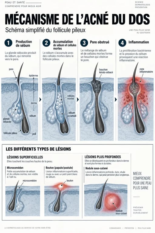 Schéma expliquant l’acné du dos, l’obstruction du follicule et l’inflammation