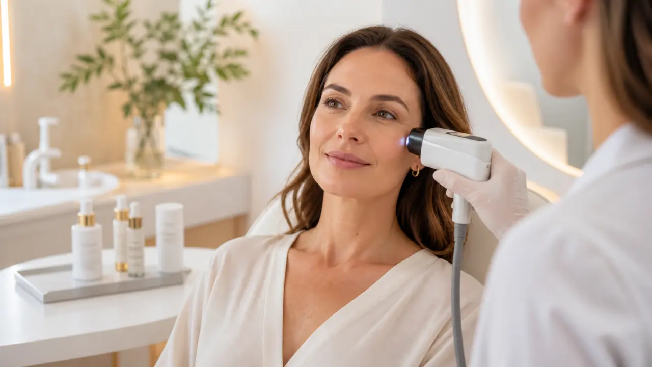 Femme au teint lumineux dans une ambiance médicale douce et luxueuse