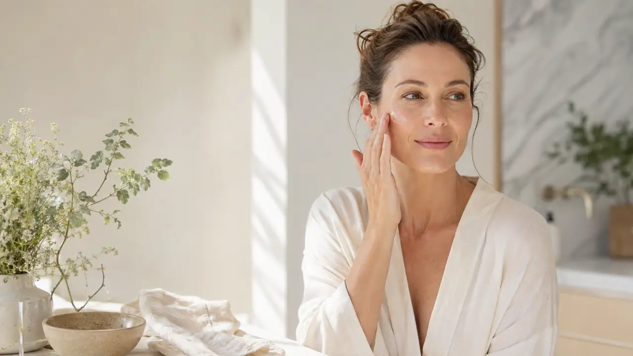 Femme prenant soin de sa peau dans une lumière douce et naturelle