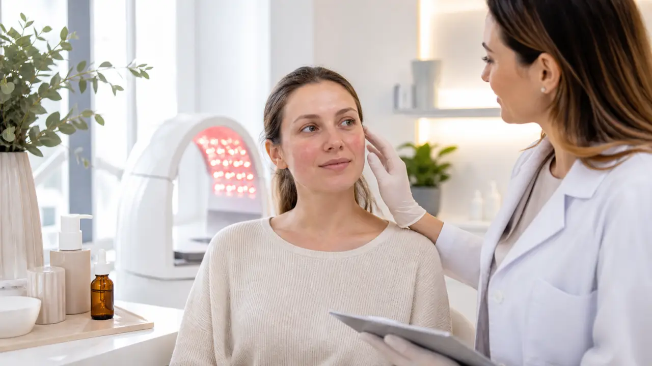 Femme au teint naturel et lumineux, dans une ambiance médicale douce et luxueuse