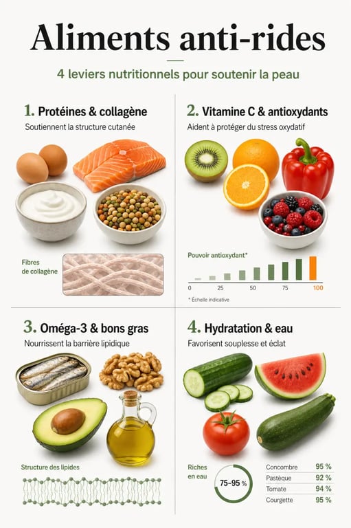 Aliments contre les rides du visage : infographie sur les nutriments et aliments utiles à la peau