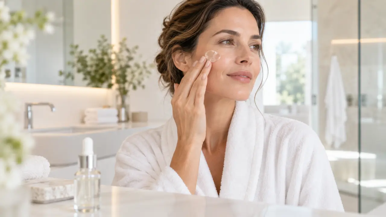 Femme appliquant délicatement un soin sur son visage dans une ambiance lumineuse et élégante