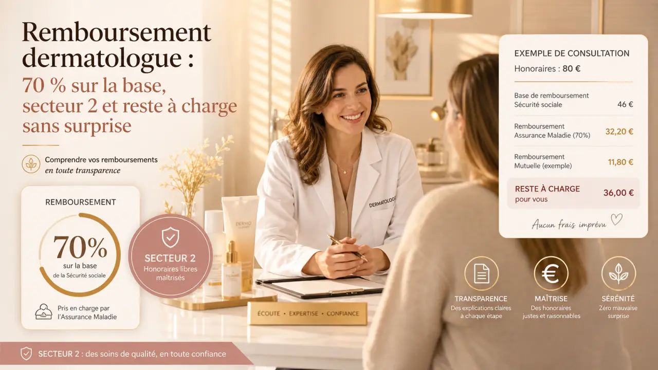 Remboursement dermatologue : 70 % sur la base, secteur 2 et reste à charge sans surprise