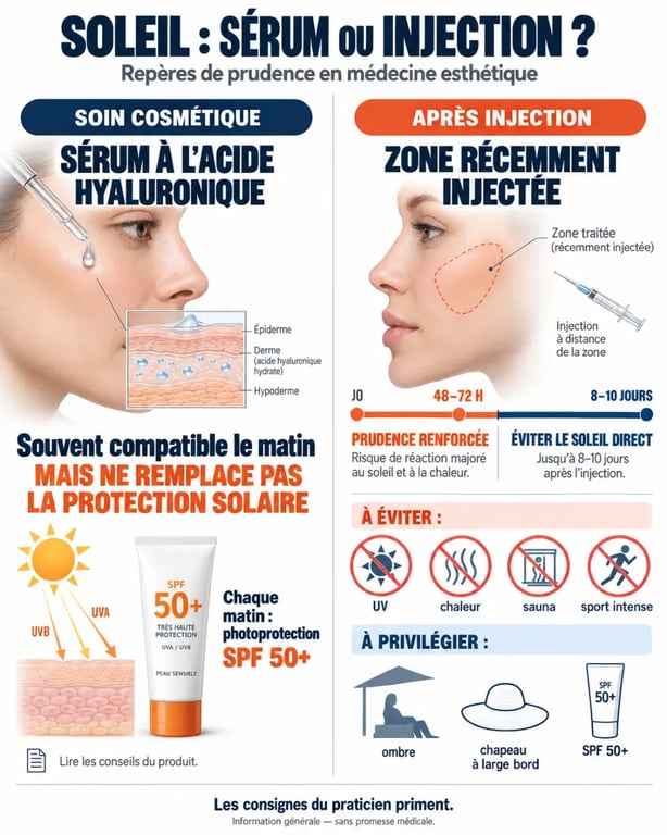Infographie sur l’acide hyaluronique et le soleil distinguant sérum cosmétique et injection esthétique