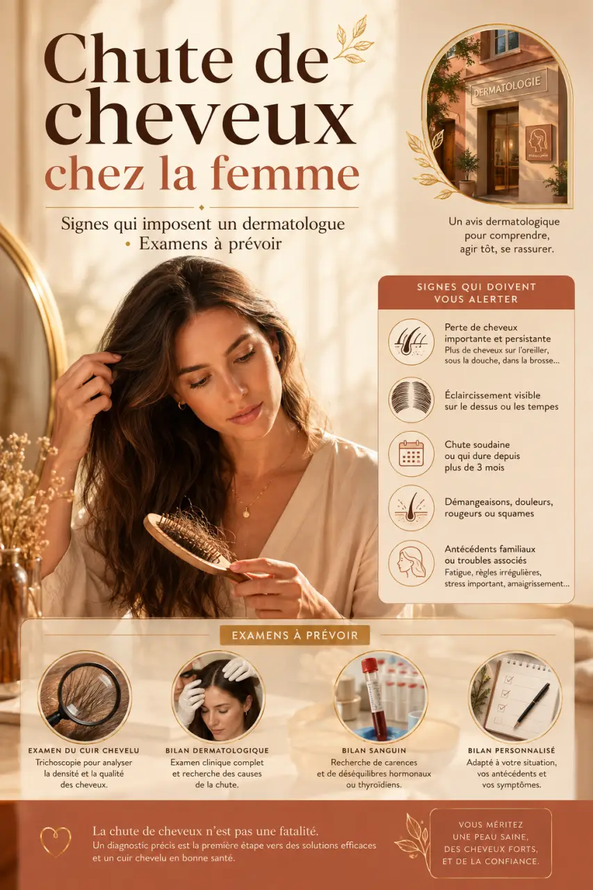 Chute de cheveux chez la femme : les signes qui imposent un dermatologue et les examens à prévoir