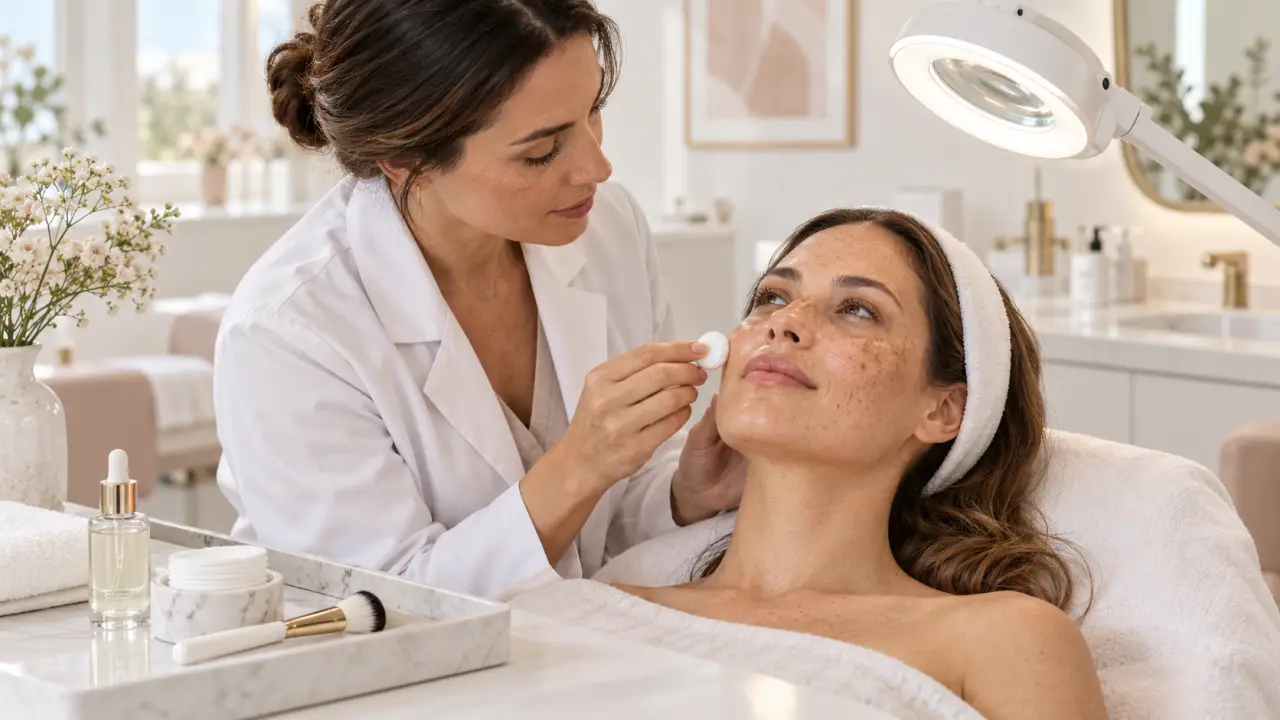 Femme à la peau lumineuse dans une ambiance de soin dermatologique