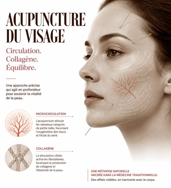Acupuncture pour les rides du visage : schéma éditorial du visage, des points d’aiguille et de la microcirculation