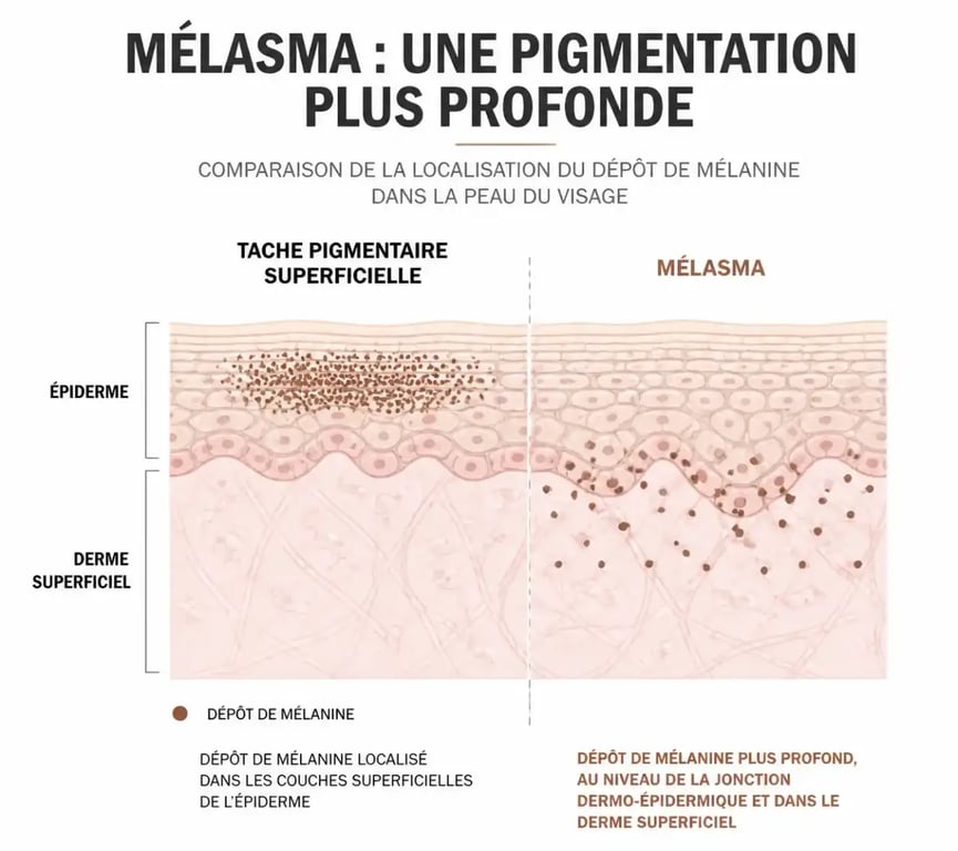 Schéma du dépôt de mélanine dans la peau expliquant pourquoi le laser melasma nécessite un protocole spécifique