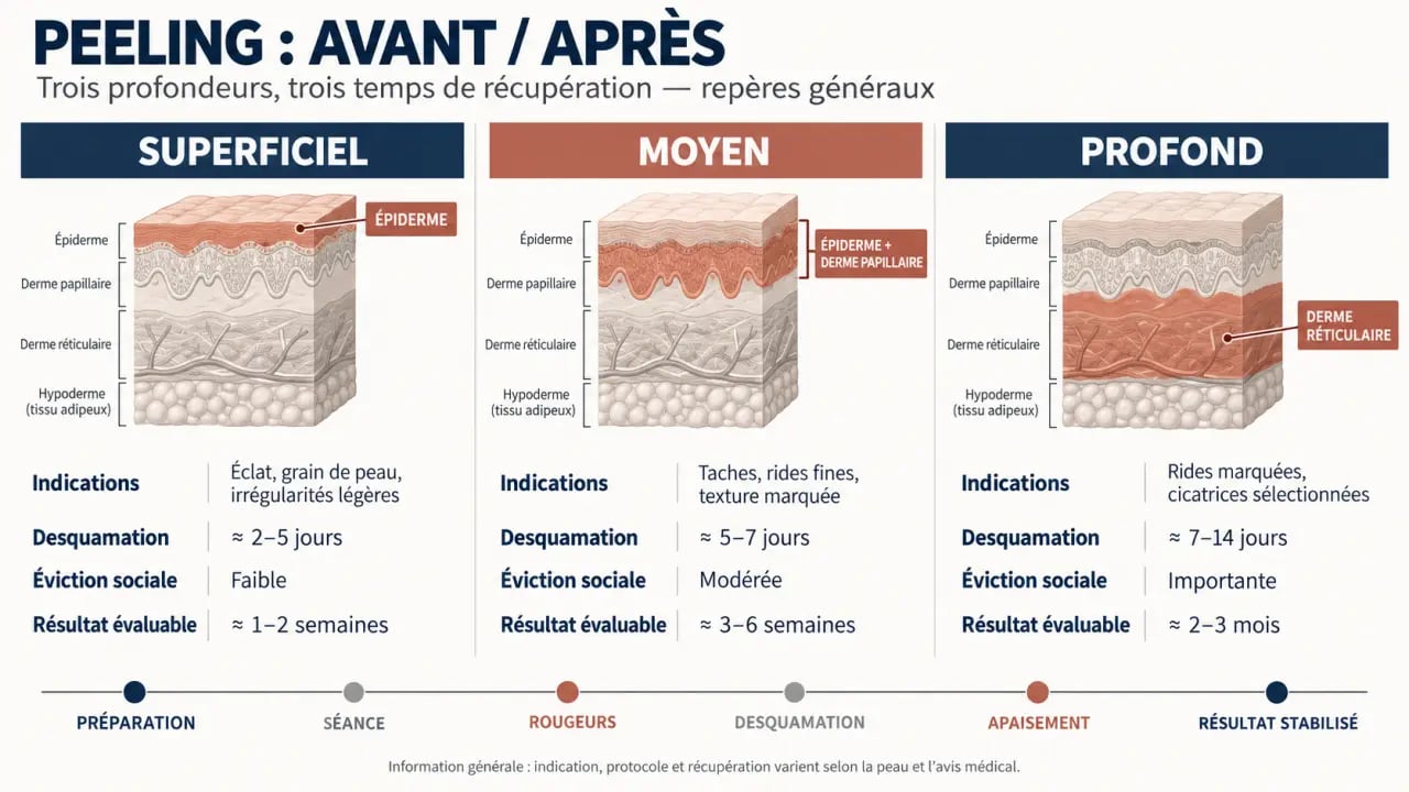 Infographie peeling avant après selon la profondeur et le délai de récupération