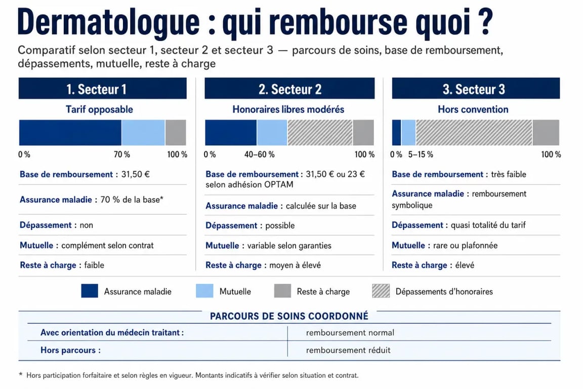 Remboursement dermatologue : comparaison des secteurs 1, 2 et 3 avec parcours de soins et reste à charge