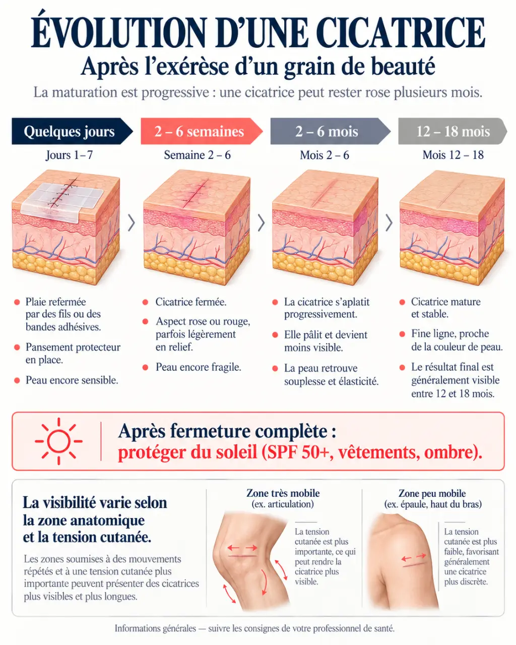 Évolution de la cicatrice après avoir enlevé un grain de beauté sur plusieurs mois