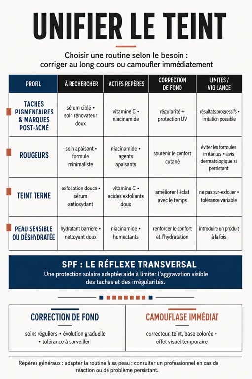 Infographie des meilleures marques soins peau uniformité teint selon les taches, rougeurs et teint terne