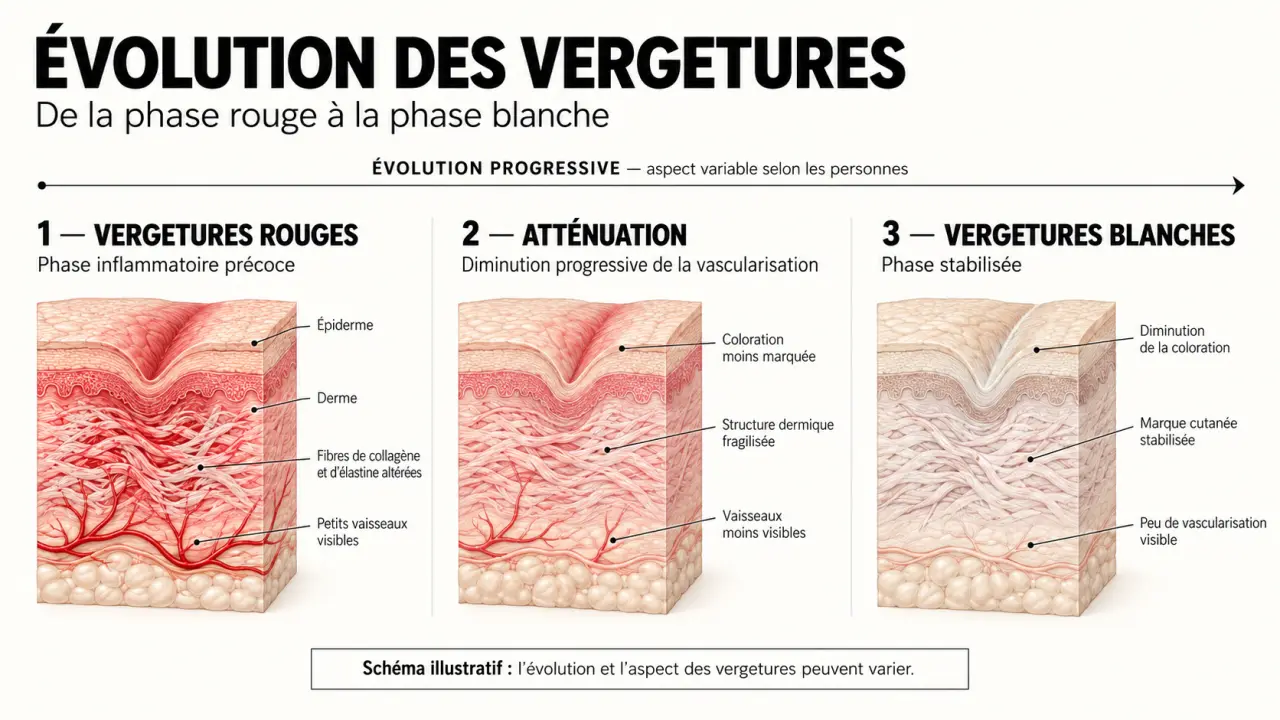 Schéma de l’évolution du traitement des vergetures rouges vers les vergetures blanches et de leurs mécanismes cutanés