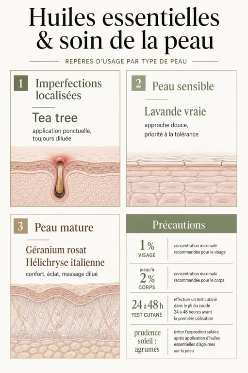 Infographie sur l'huile essentielle pour la peau : choix selon le type de peau et précautions d'usage