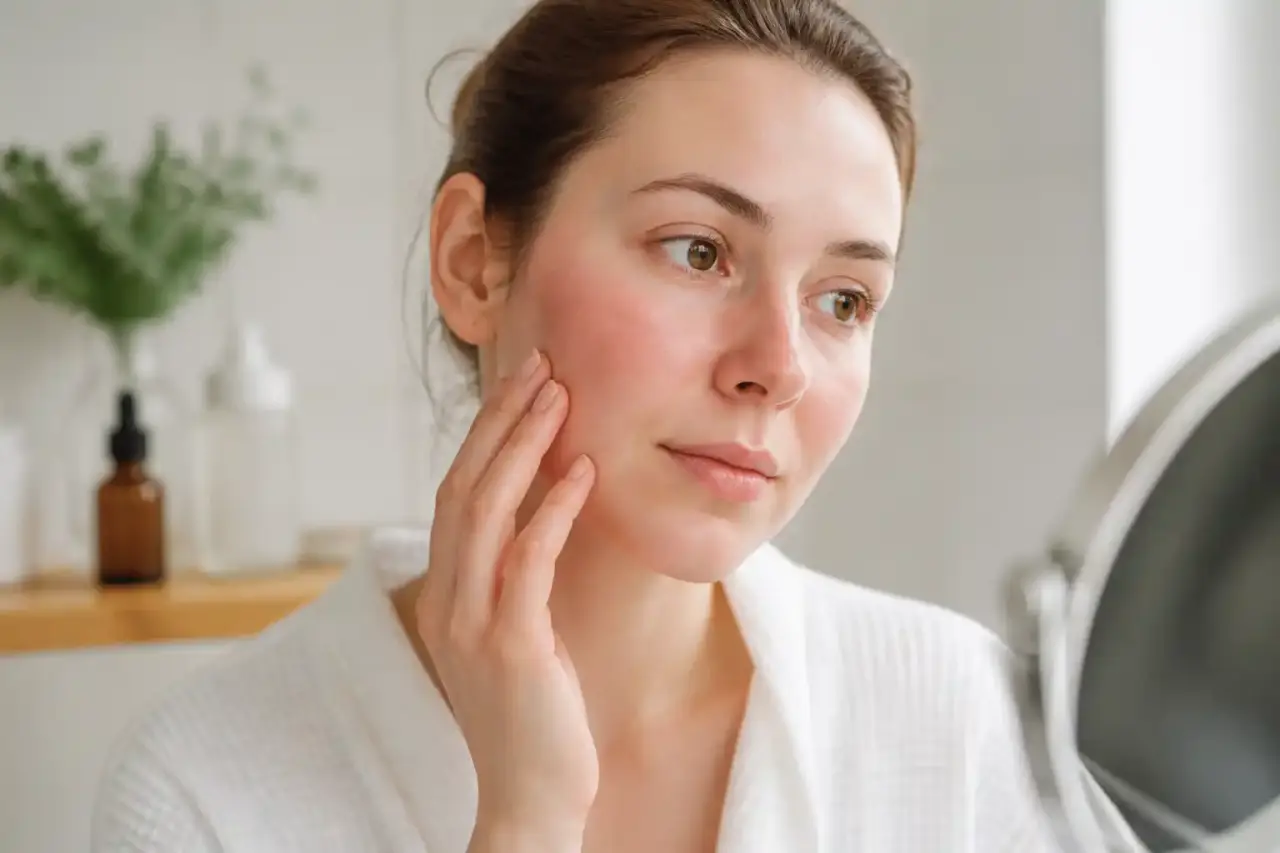 Femme au teint naturel et apaisé, lumière douce, ambiance dermatologique élégante