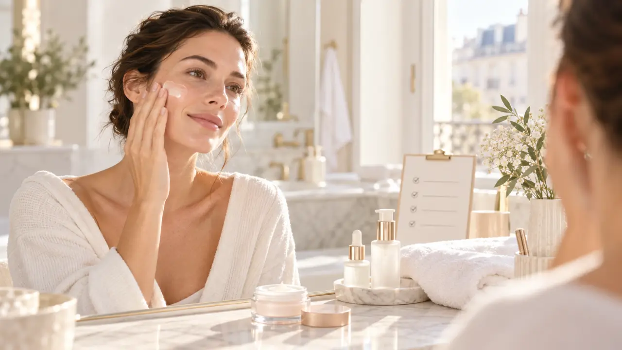 Femme appliquant délicatement un soin sur une peau sensible