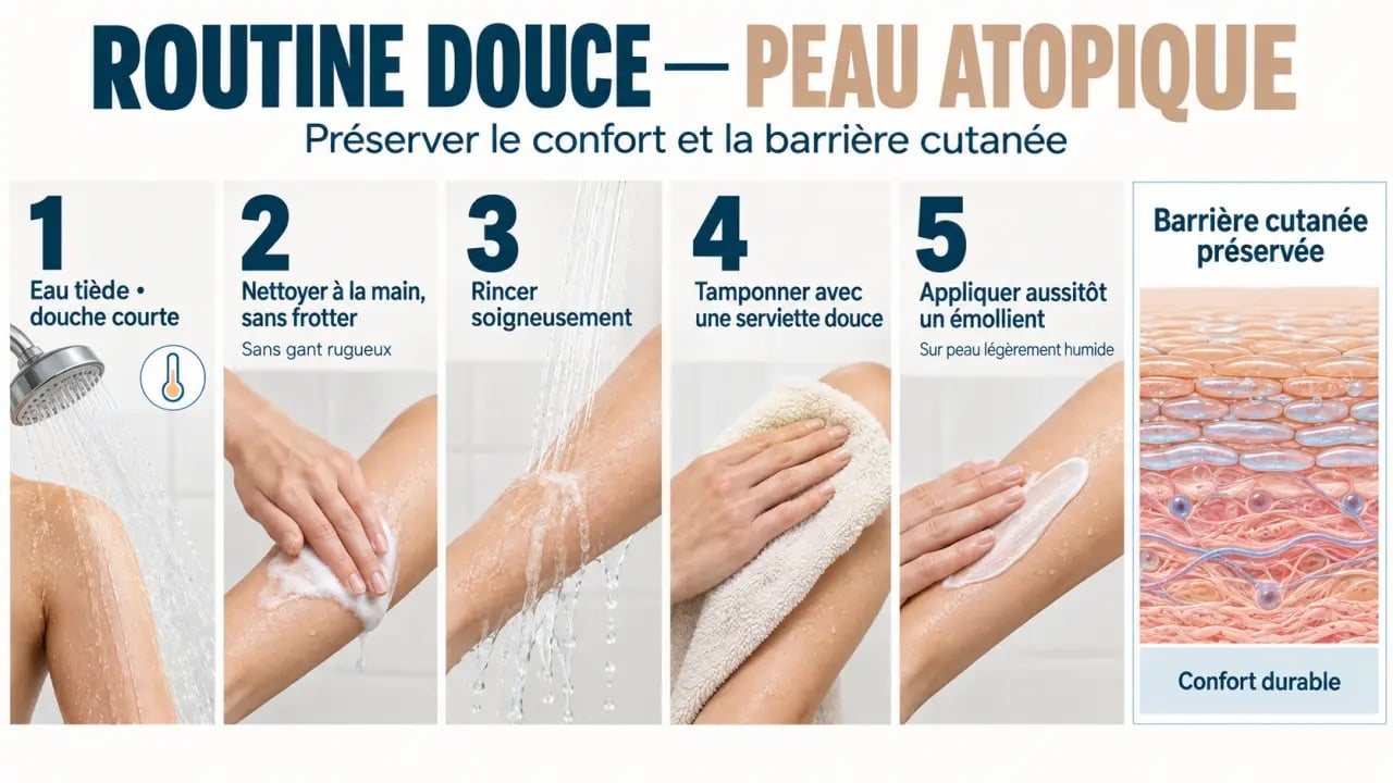 Routine de lavage avec savon peau atopique, séchage doux et application d’un émollient