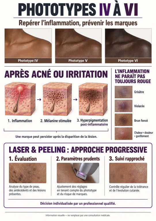 Infographie sur le dermatologue spécialiste peau noire et les phototypes IV à VI