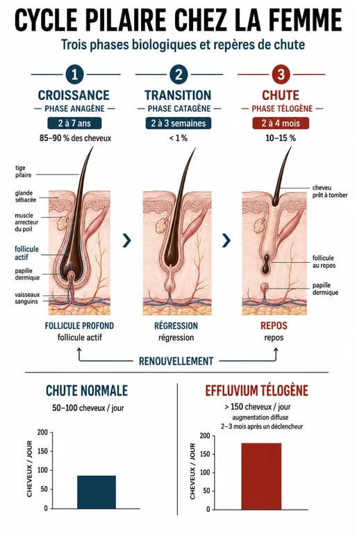 Dermatologue spécialiste chute cheveux femme : schéma du cycle pilaire et de la chute normale