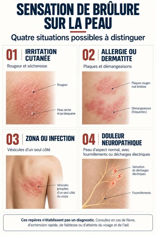 Infographie sur la sensation brulure peau distinguant irritation, allergie, zona et douleur neuropathique