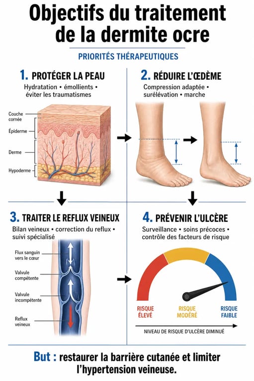 Traitement dermite ocre : les objectifs principaux du traitement pour soulager, freiner l’évolution et traiter la cause veineuse