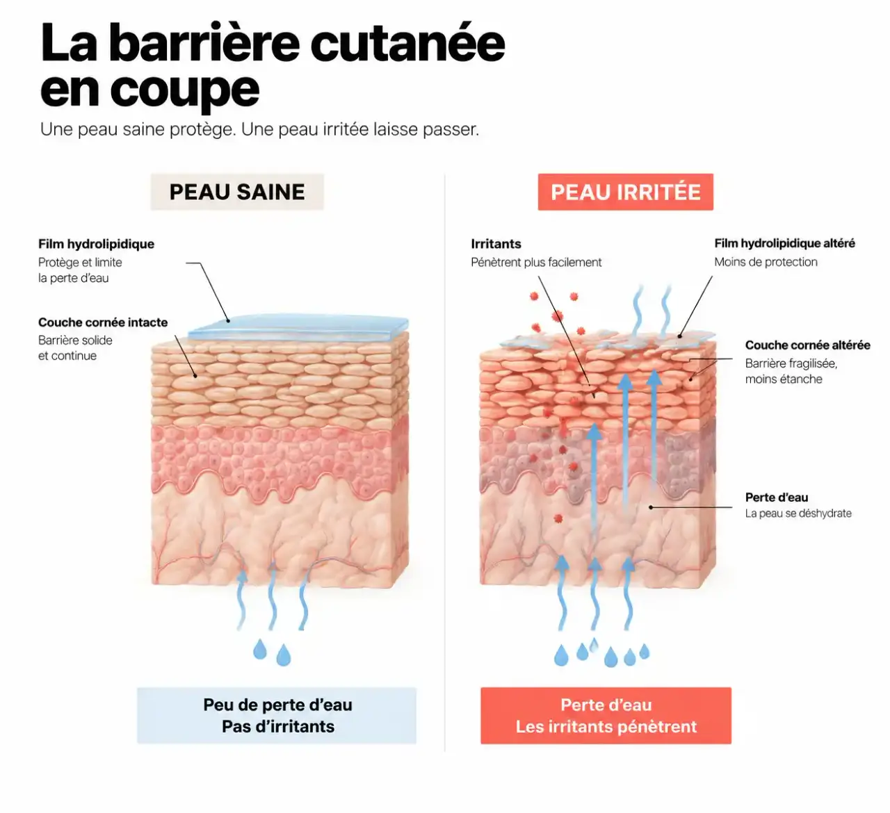 Schéma de la barrière cutanée saine et irritée pour comprendre une irritation du visage et que faire