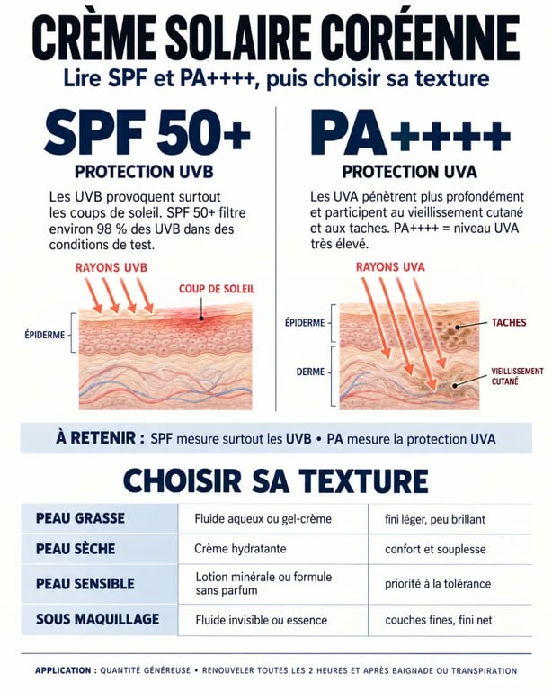 Infographie sur la crème solaire coréenne, le SPF 50+, le PA++++ et les textures selon le type de peau