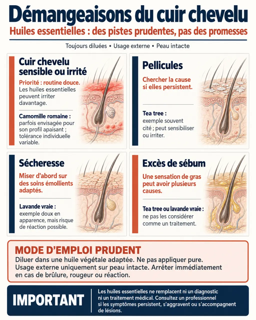 Infographie sur les démangeaisons du cuir chevelu et les huiles essentielles selon le symptôme et les précautions
