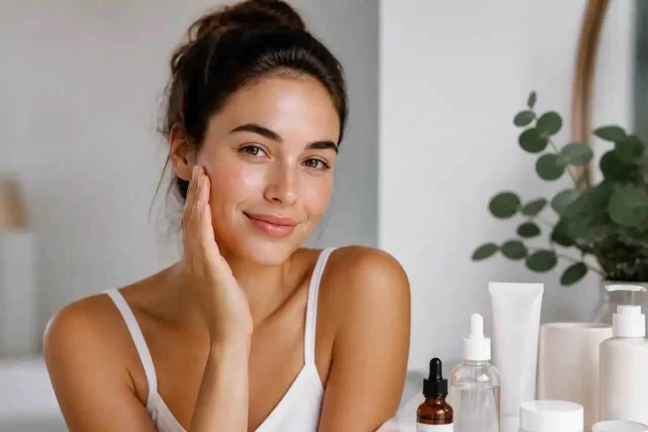 Femme au teint naturel appliquant un soin doux dans une lumière claire