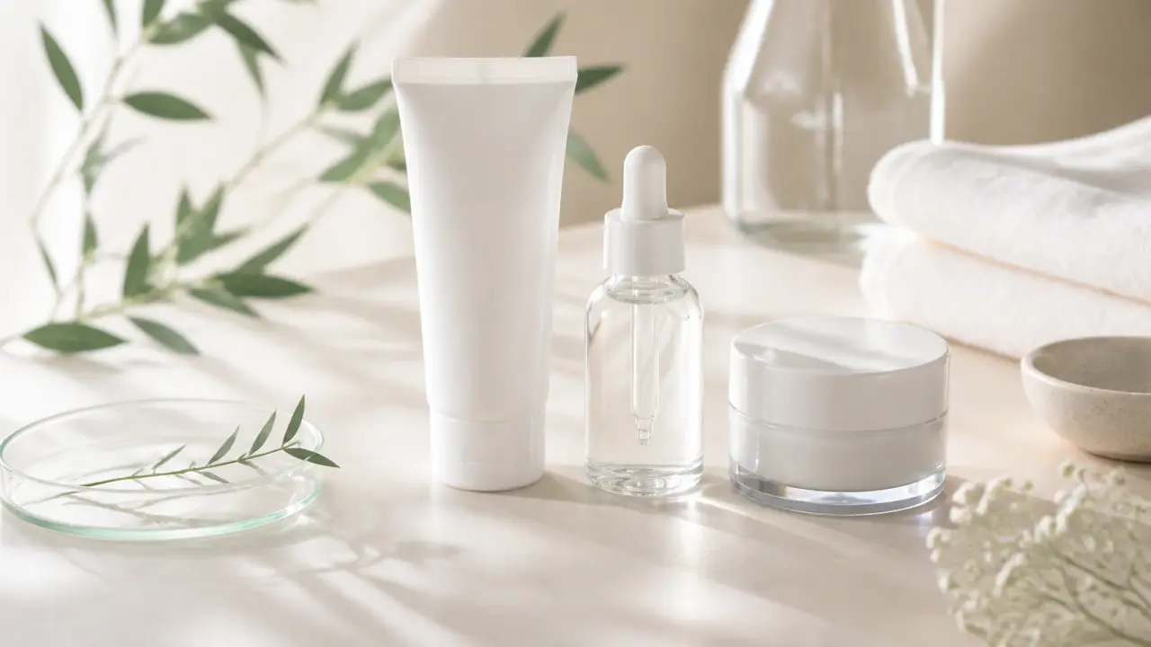Femme au teint lumineux appliquant délicatement sa routine de soin, ambiance douce et luxueuse