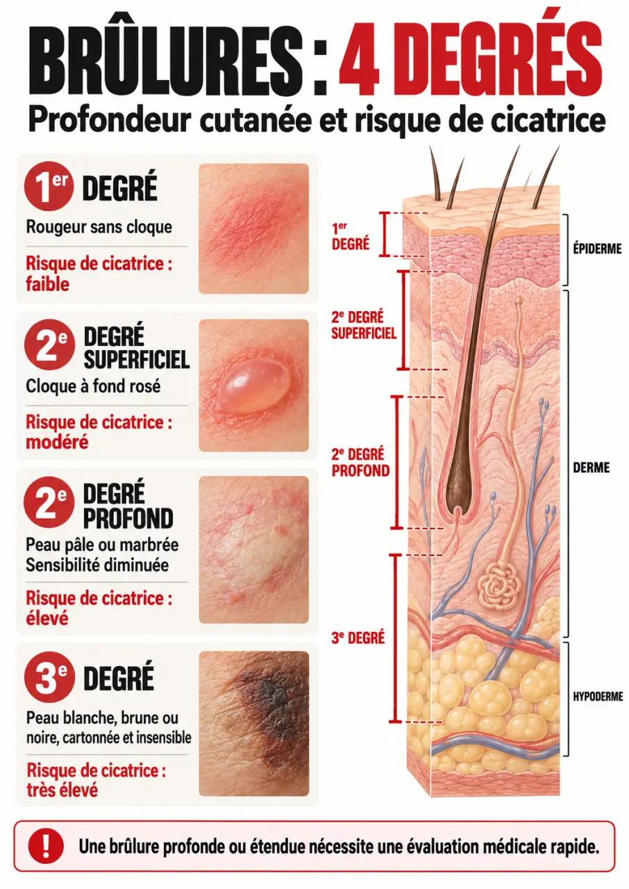 Brûlure cicatrice : infographie des degrés de brûlure et des couches de la peau