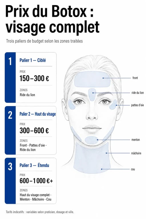 Prix botox pour tout le visage : fourchettes de tarifs et zones traitées dans un visuel éditorial