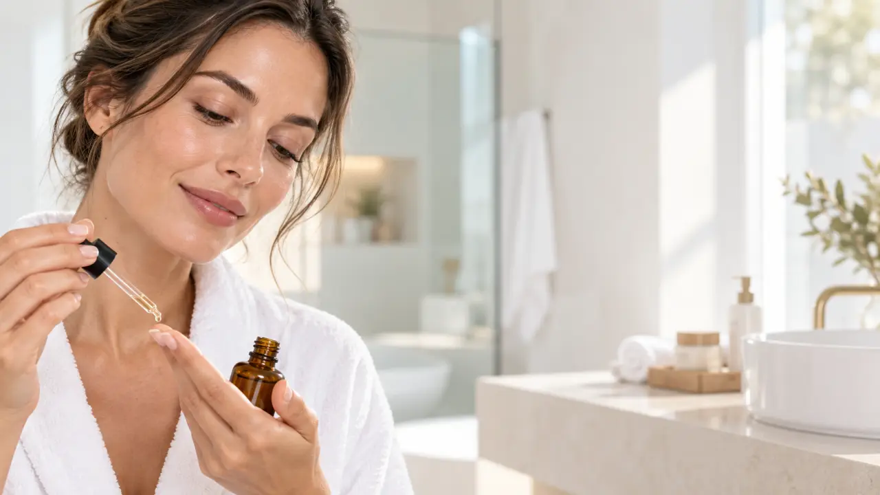 Femme appliquant une routine de soin du visage avec sérénité