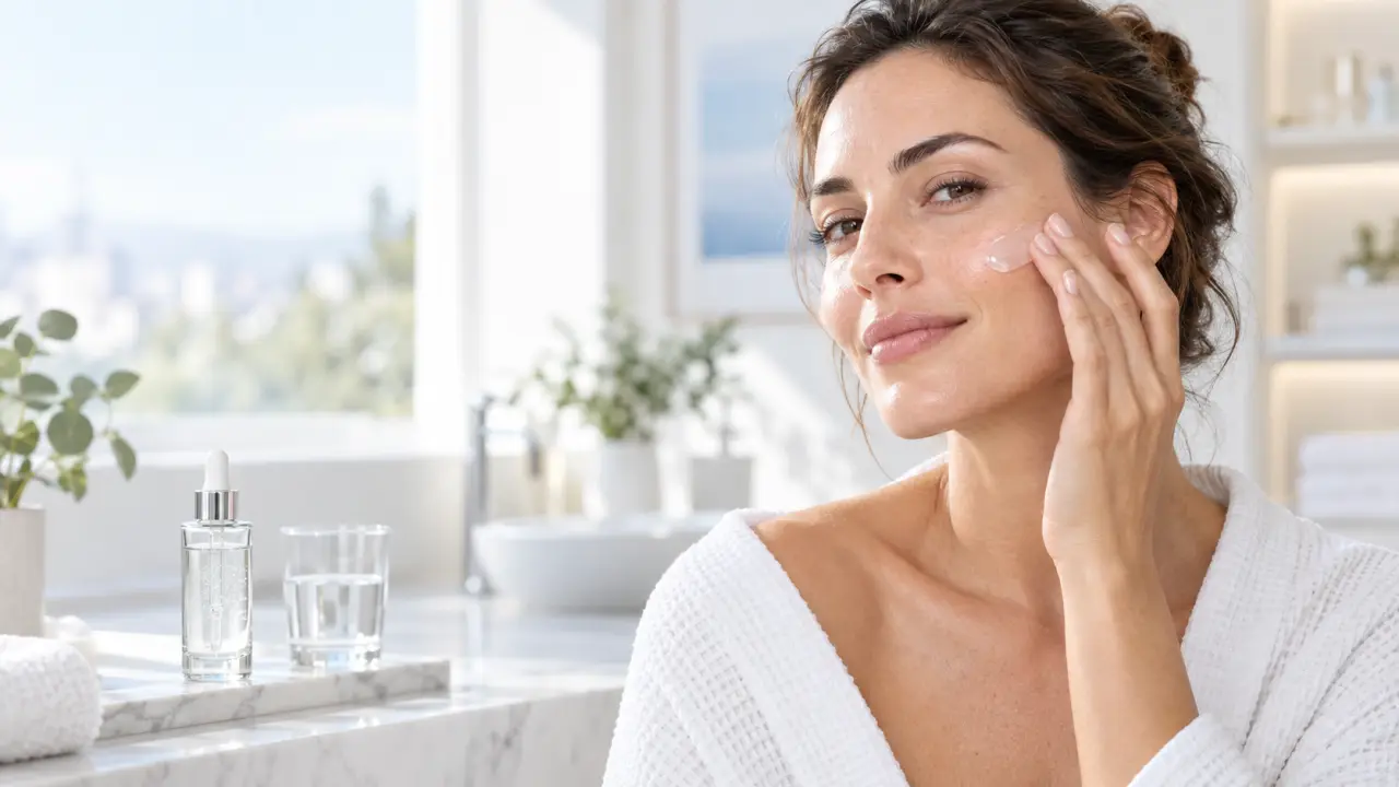 Femme prenant soin de sa peau grasse avec une routine hydratante douce