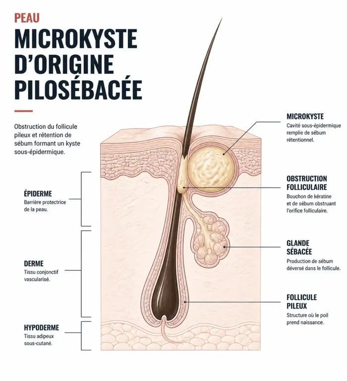 Schéma d'un microkyste visage montrant l'obstruction du follicule pilosébacé sous la peau