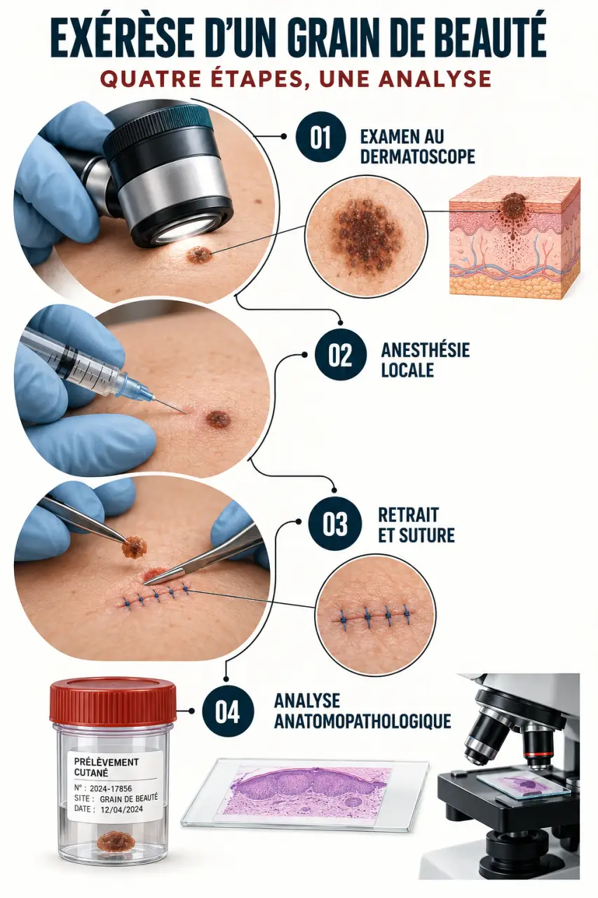 Étapes pour enlever un grain de beauté : examen, anesthésie locale, exérèse et analyse anatomopathologique