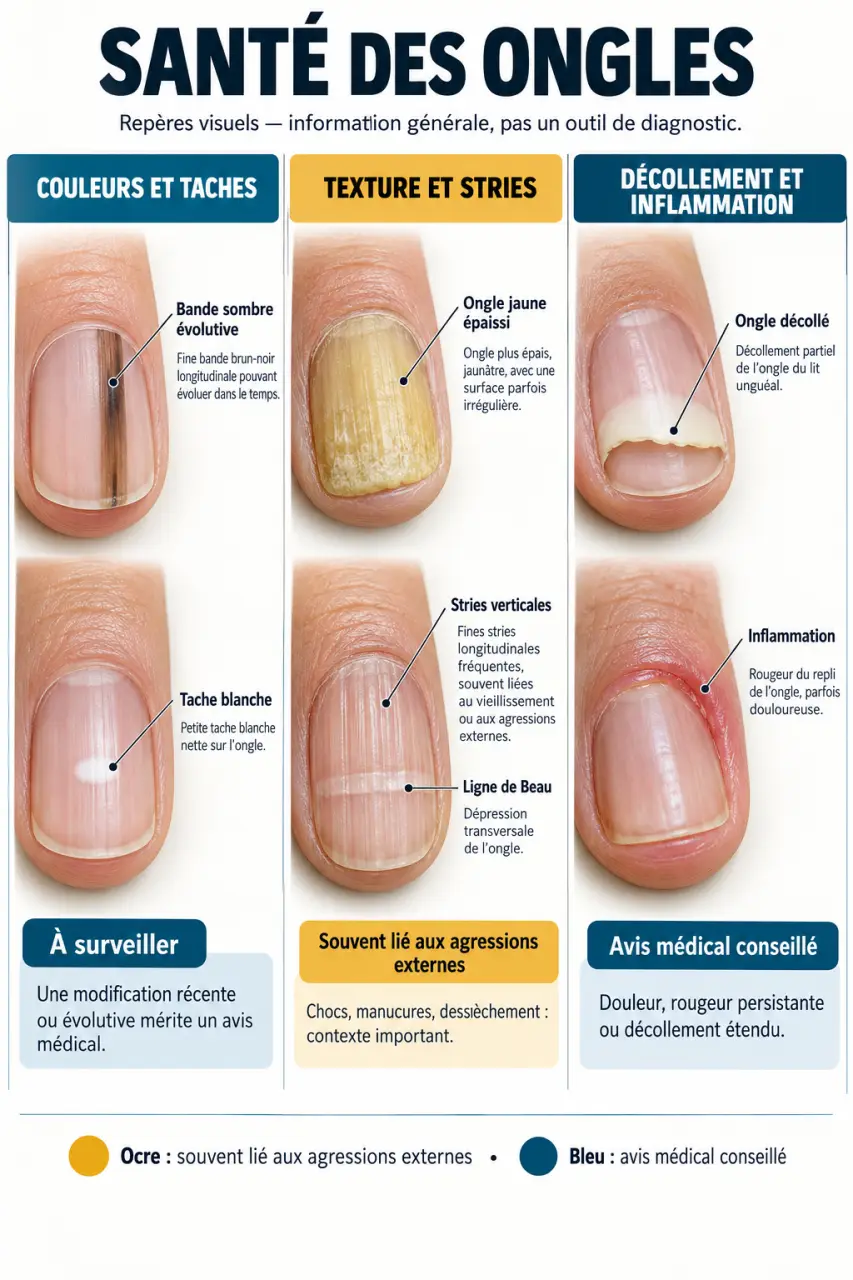 Infographie sur la santé des ongles présentant les principales couleurs, stries, textures et signes d’alerte