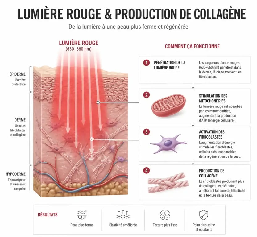 Schéma explicatif de la luminothérapie visage rides et stimulation des fibroblastes
