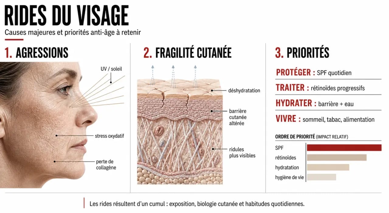 Visage sans rides : les causes principales et les priorités anti-âge en schéma éditorial