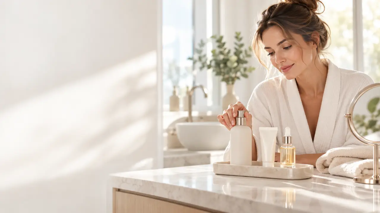 Femme sereine prenant soin de sa peau dans une ambiance lumineuse et élégante