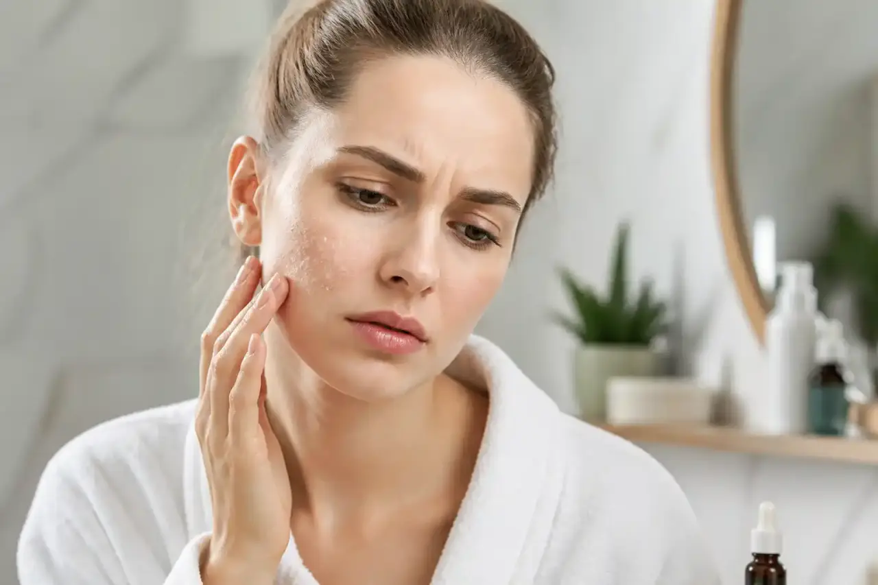 Femme appliquant un soin exfoliant doux sur son visage dans une ambiance lumineuse et apaisante