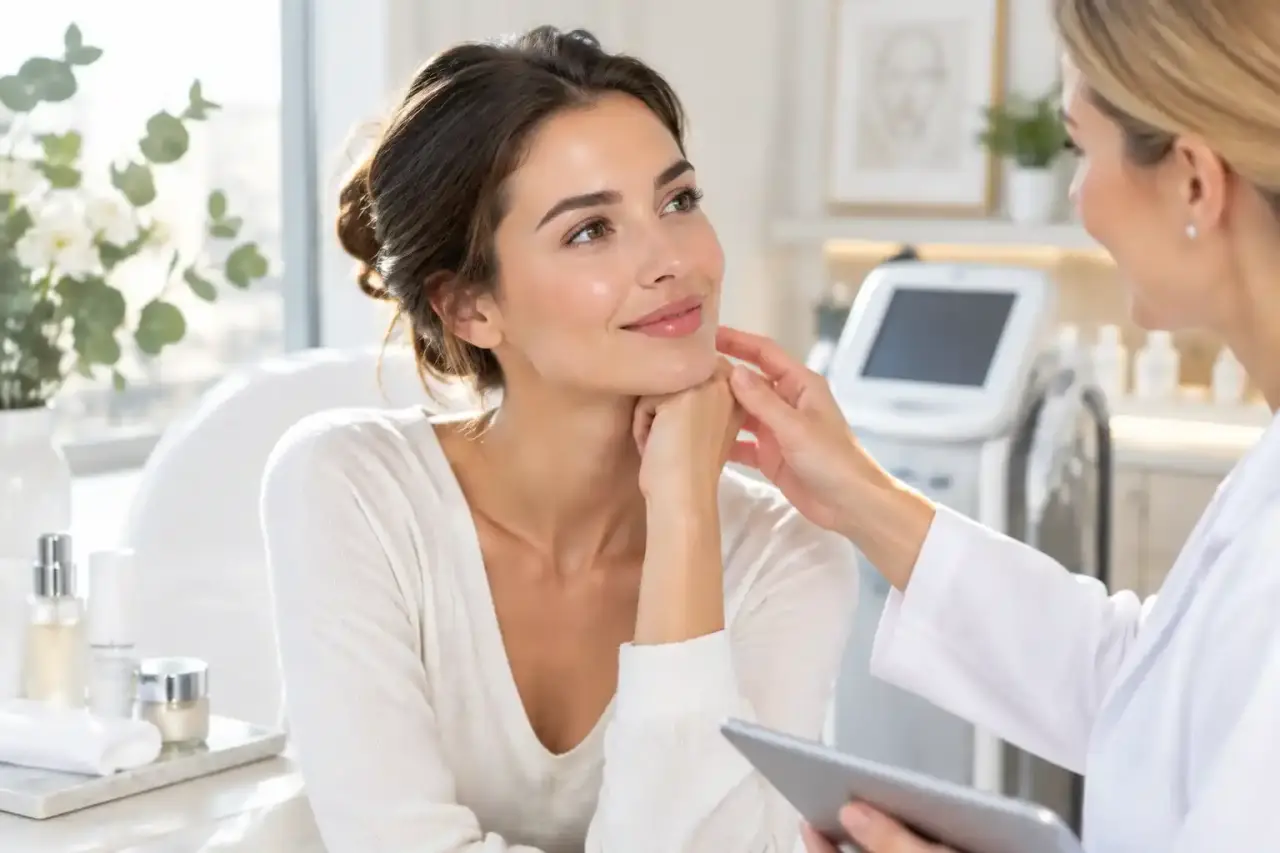 Femme sereine touchant délicatement son visage, dans une ambiance lumineuse et naturelle
