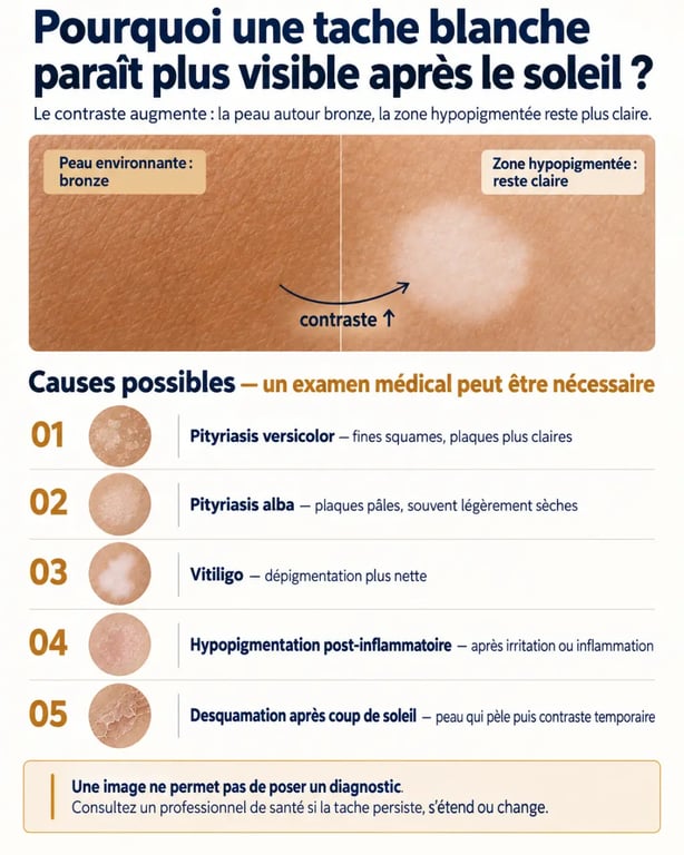 Infographie : tache blanche sur la peau du au soleil, contraste entre bronzage et zones hypopigmentées