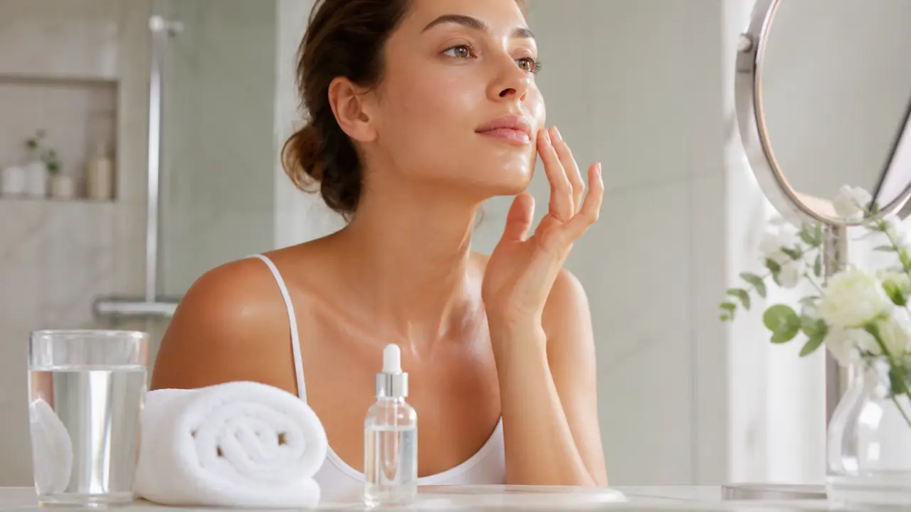 Femme au teint lumineux touchant délicatement son visage dans une ambiance douce et élégante