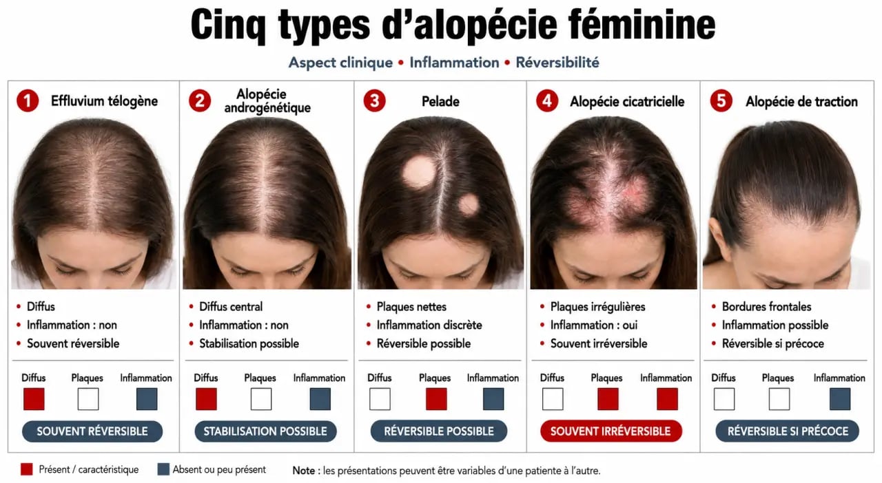 Dermatologue spécialiste chute cheveux femme : comparaison des types d’alopécie féminine