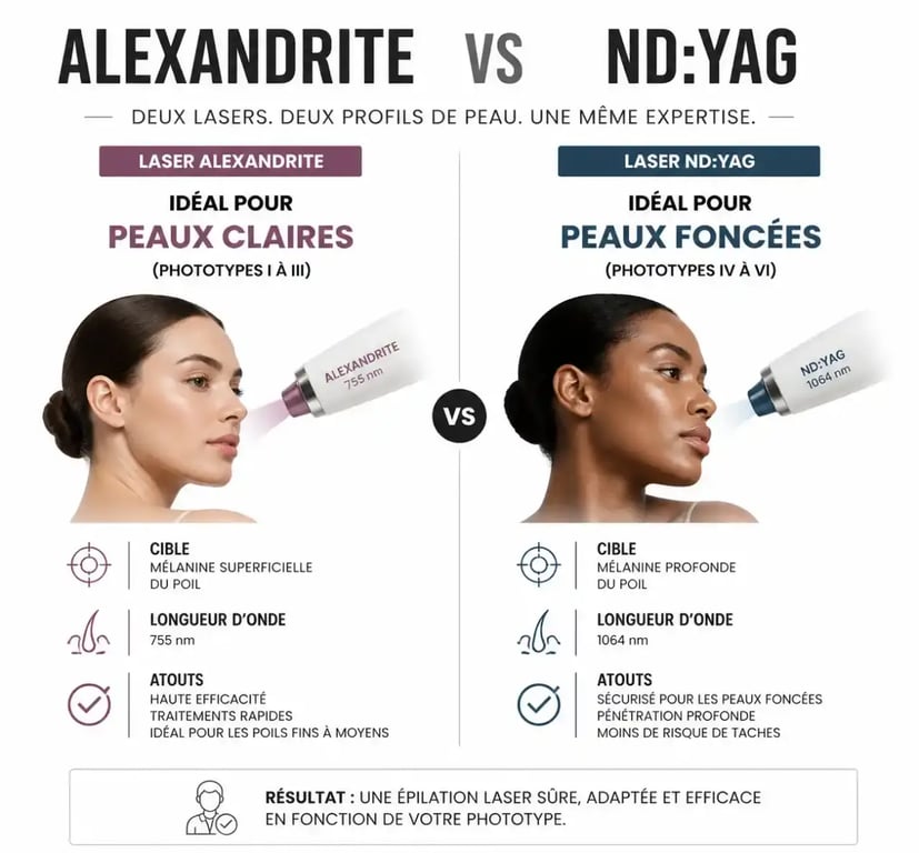 Comparaison des lasers Alexandrite et Nd:YAG pour l'épilation laser chez le dermatologue
