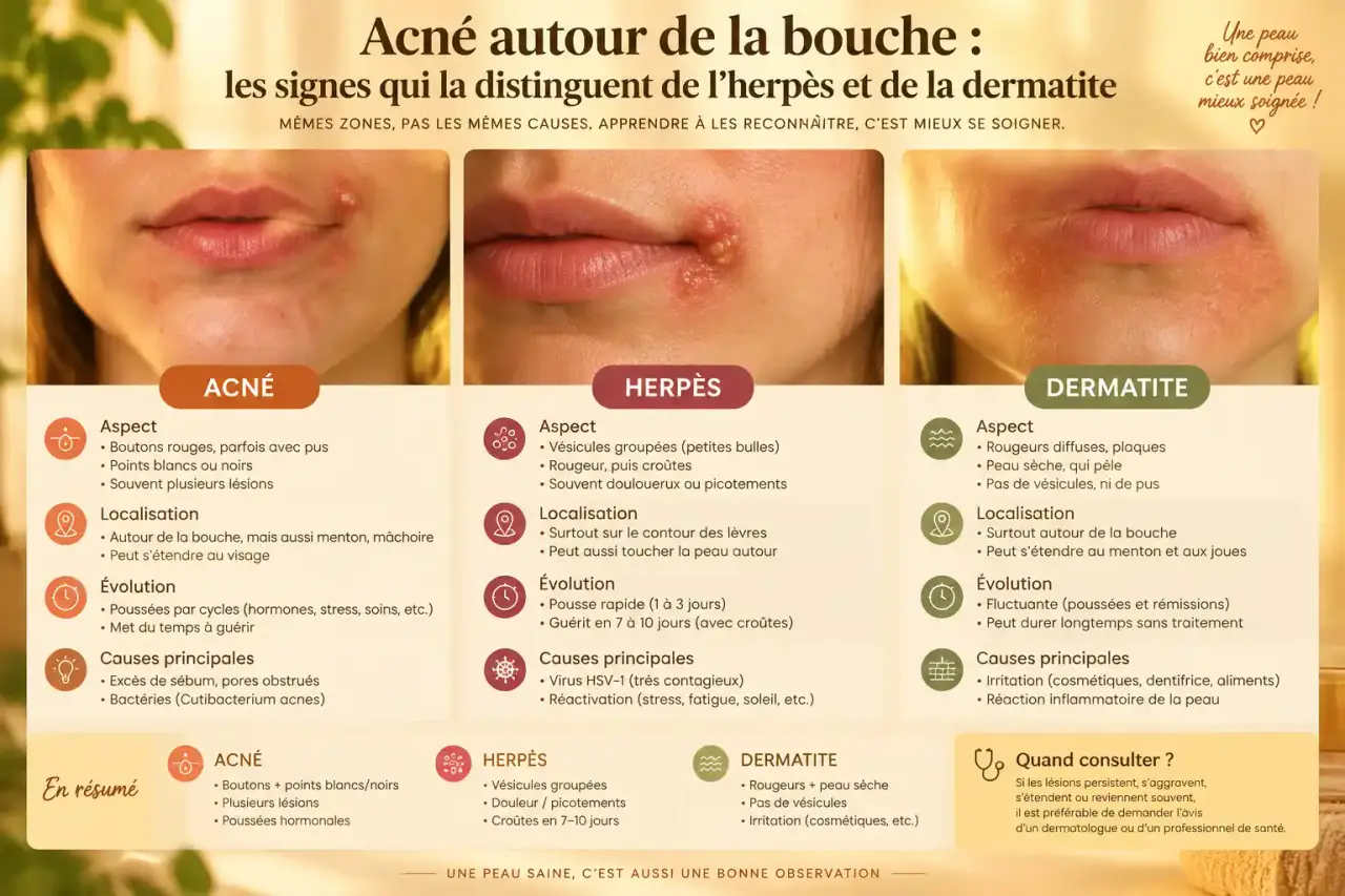 Acné autour de la bouche : les signes qui la distinguent de l’herpès et de la dermatite